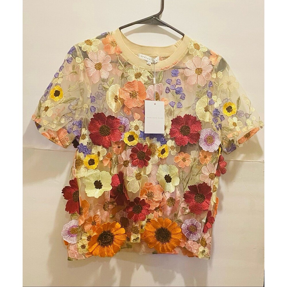 Endless Rose Floral EEndless Rose Floral Embroidered Sheer Mesh Tulle Top Blouse